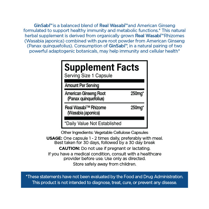 Supplement label for GinSabi with ingredient details and usage instructions.