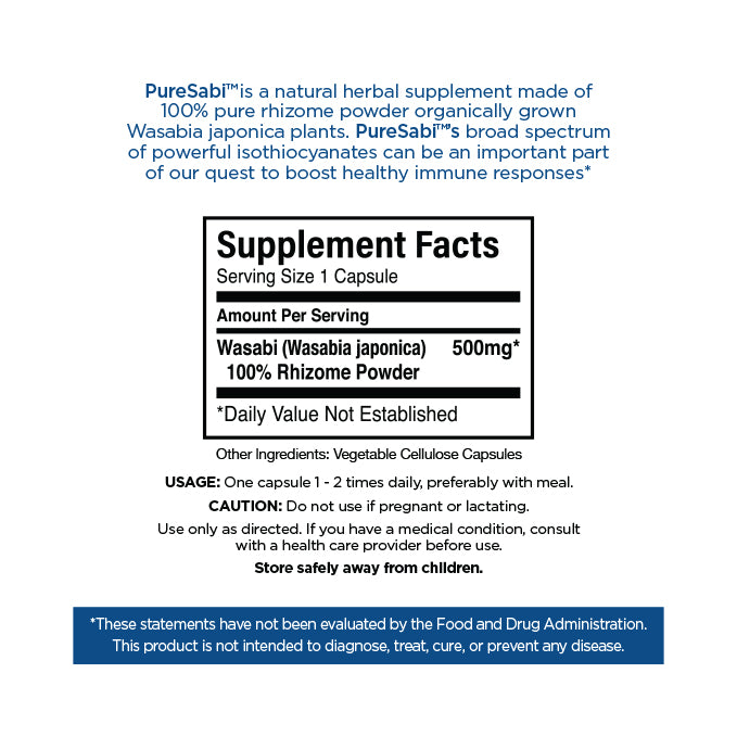Supplement facts label for PureSabi, a natural herbal supplement made from Wasabia japonica plants on white background