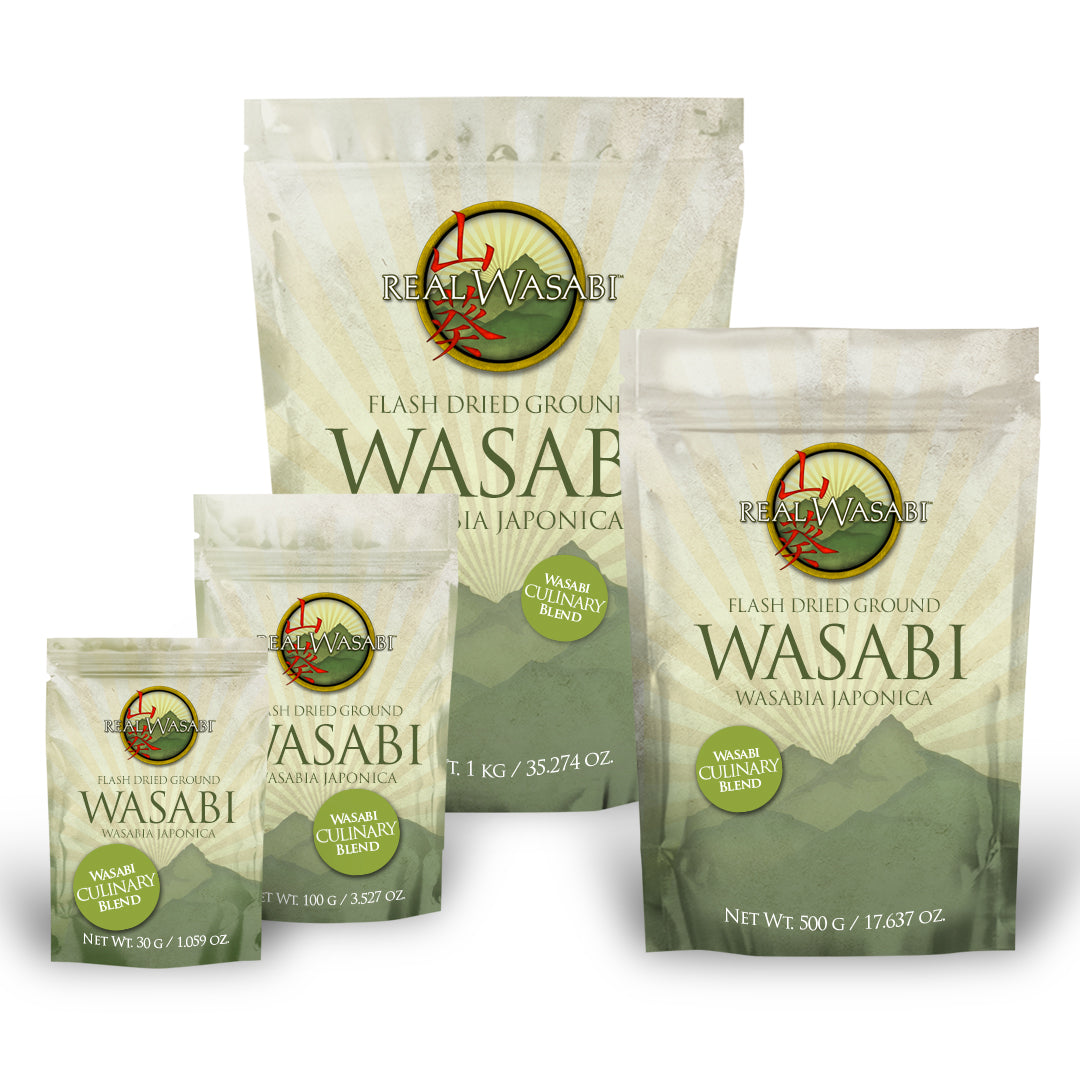 four different size bags of wasabi culinary powder