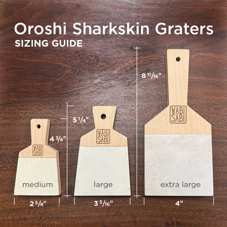 Oroshi shark skin rhizome grater with size comparison