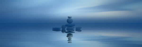 NutraSabi logo on a calm blue water background with cairns