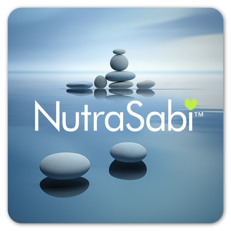 NutraSabi logo on a calm blue water background with cairns