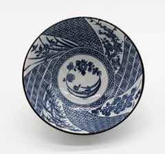 Blue and white japanese bowl with vegetation and geometric pattern