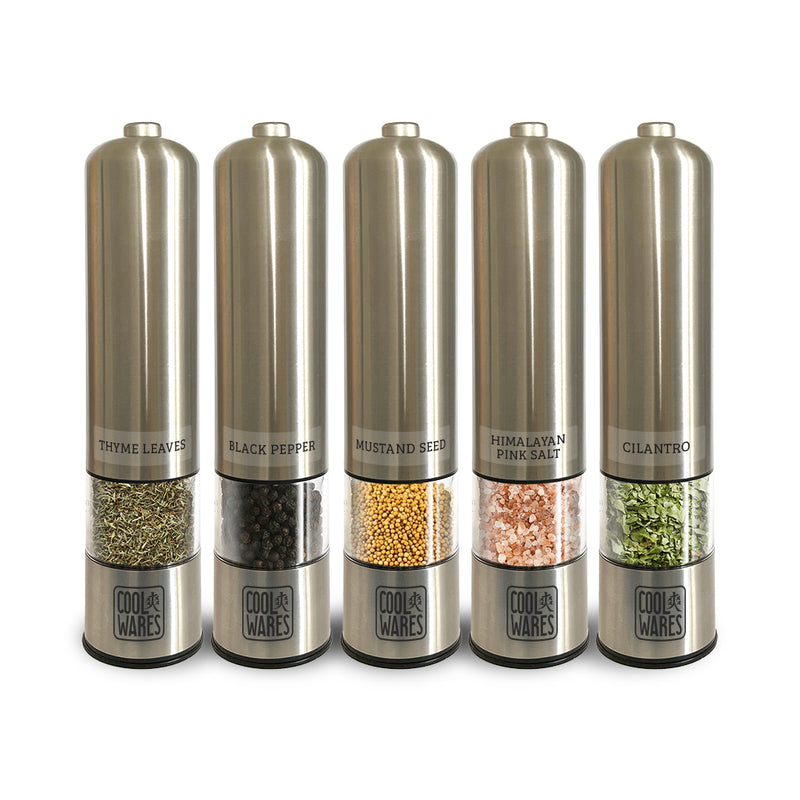 set of five push button battery operated spice grinders