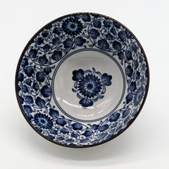 Blue and white japanese bowl with floral and leaf pattern