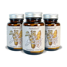 Three bottles of NutraSabi Wasabi & Ginseng herbal supplement capsules on a white background