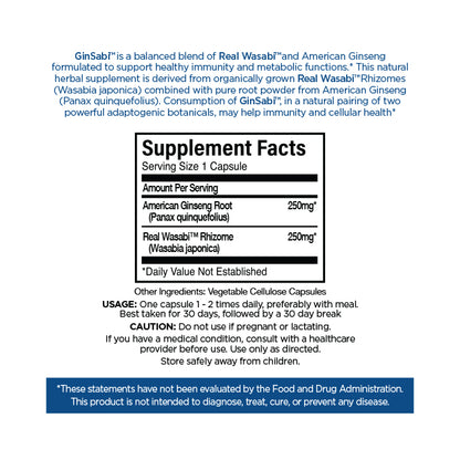 Supplement label for GinSabi with ingredient details and usage instructions.