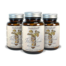 Three bottles of PureSabi wasabi rhizome powder capsules on a  white background