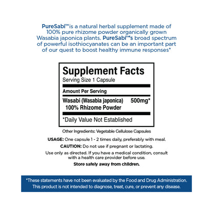 Supplement facts label for PureSabi, a natural herbal supplement made from Wasabia japonica plants on white background