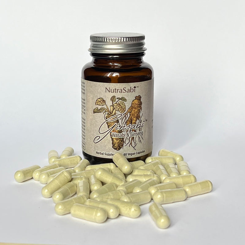 Jar of Wasabi and Ginseng capsules, capsules in front of jar, GinSabi