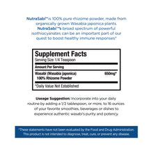 Supplement facts label for NutraSabi wasabi  rhizome powder on a white background
