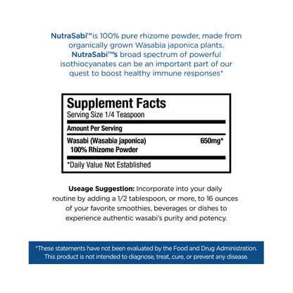 Supplement facts label for NutraSabi wasabi  rhizome powder on a white background