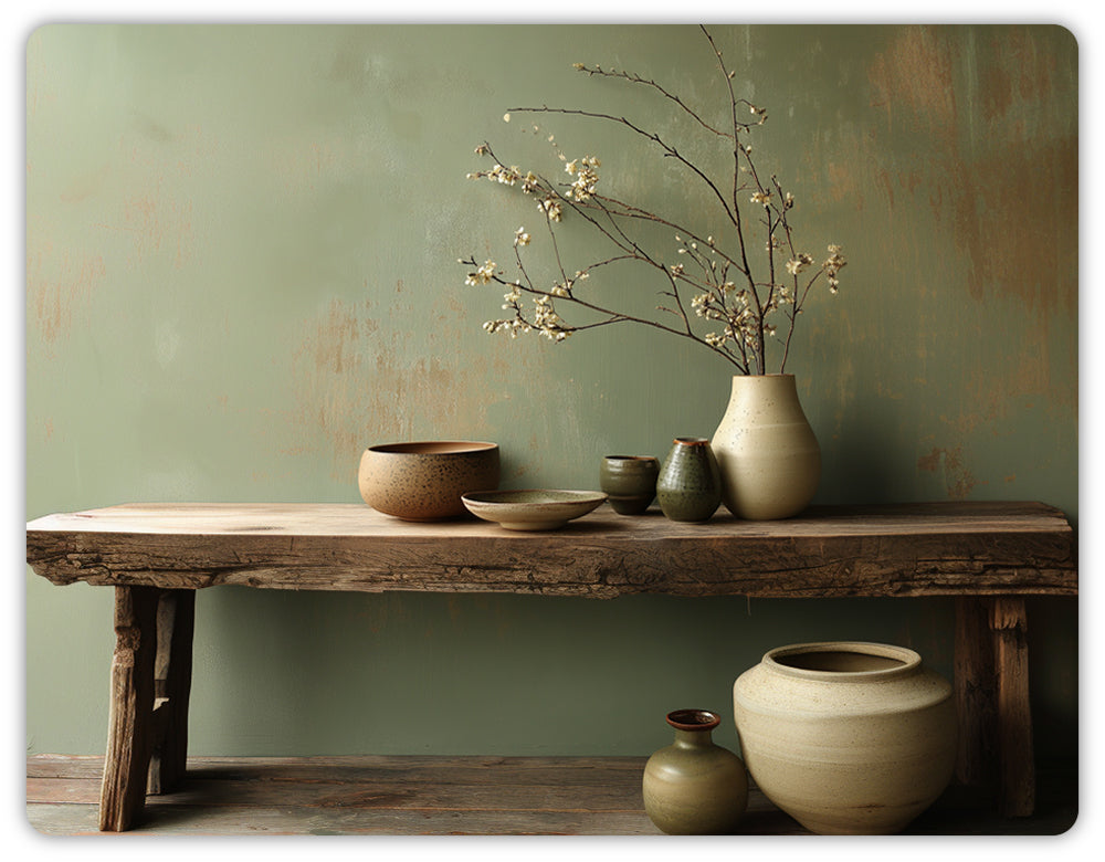 Interior home scene  showing Wabi Sabi style, bench with various size pots