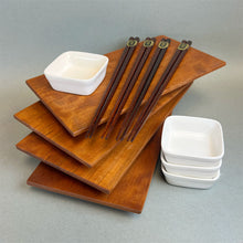 WabiSabi mountain cherry medium plates, wood chopsticks and dipping bowls